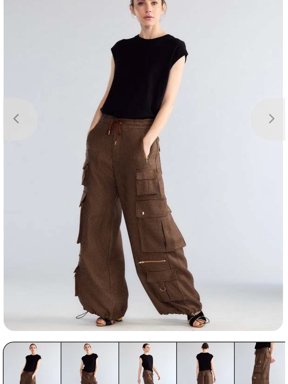 Cynthia Rowley Wide-Leg Cargo Pants in Brown/Black Houndstooth